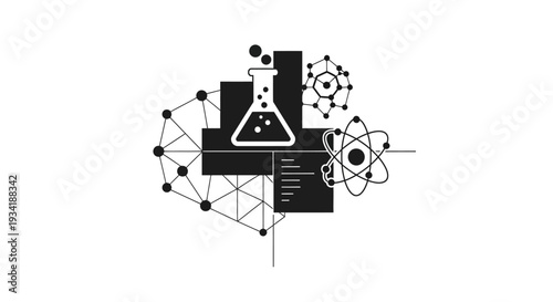Abstract science illustration featuring lab glassware and atomic structures on a white backdrop