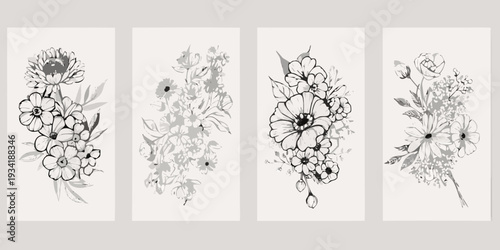 Four botanical floral arrangements in grayscale depicted in a vertical format