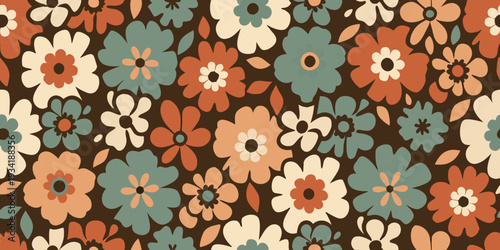 A repeating floral pattern with retro style flowers in warm tones