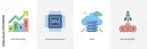 AI investment trend icons with stock growth and GPU hardware.