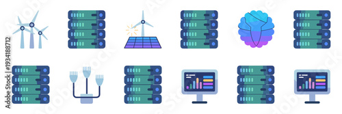 Future data center and fiber optic icon set – Suitable for high-speed internet ads, server farm tech, or IT connectivity.