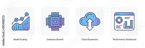 GPU cluster and cloud expansion icon sheet – Suitable for AI infrastructure, big data analytics, or cloud computing.
