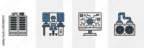 Supercomputing research lab and HPC icons – Perfect for scientific research, university labs, or high-tech engineering.