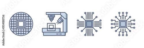 AI chip manufacturing and silicon wafer icons – Perfect for high-tech industry brochures, engineering slides, or circuit design topics.