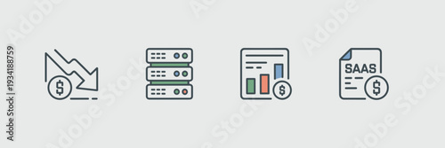 Cloud cost optimization vector icons – Suitable for SaaS billing platforms, financial management, or enterprise cloud software.