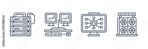 Supercomputing lab icon sheet with neural network – Great for AI development, high-performance computing, or server room graphics.