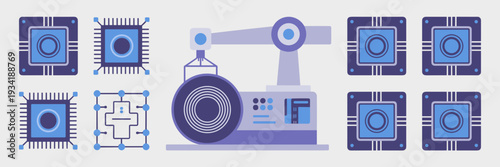 Semiconductor fabrication process vector icons – Great for processor technology, AI hardware development, or industrial manufacturing.