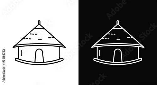 Line drawing of a simple round house with a conical roof on white and black backgrounds.
