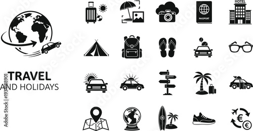 Travel and Holidays Black Icons Set with Airplane, Hotel, Car, Palm Tree and Vacation Symbols Vector