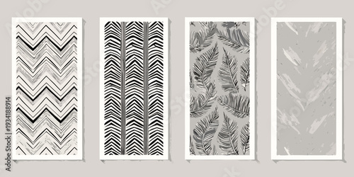 Four rectangular prints showcasing diverse abstract patterns in grayscale