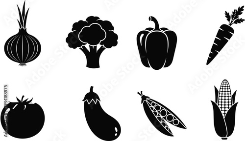 Black Vegetable Silhouette Icons Collection with Onion, Broccoli, Pepper, Carrot, Tomato, Eggplant, Peas and Corn
