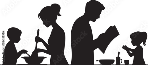 Family cooking together silhouettes kitchen children