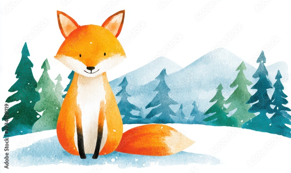 Fototapeta premium Winter Holiday Season Cute Fox Watercolor Illustration For Christmas New Year And Seasonal Greetings Cards Invitations And Children'S Designs