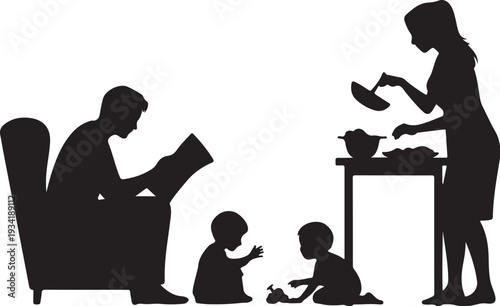 Family silhouettes reading cooking and playing together