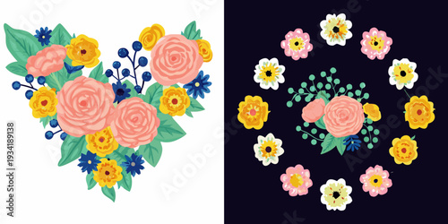 Floral arrangements a heart shaped bouquet and a circular floral wreath