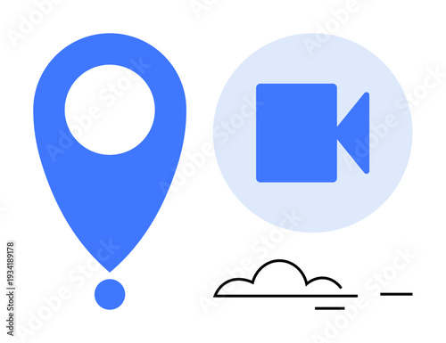 Navigation, geotagging, content sharing, cloud storage, streaming services, technology. Blue location pin, video camera icon and a minimalist cloud. Navigation and streaming services theme