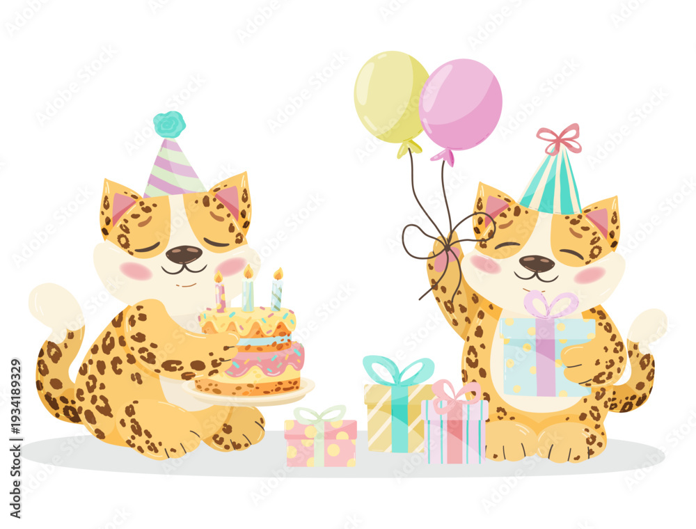 Fototapeta premium Baby Leopard with Birthday Presents and Party Hat