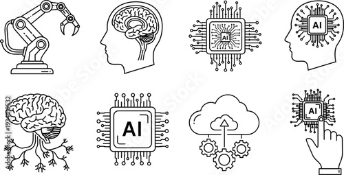 Artificial intelligence and robotics vector icon set with brain chip cloud computing and automation symbols
