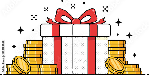 Gift Box with Red Ribbon Surrounded by Gold Coins Illustration Representing Bonus Reward, Financial Incentive, Holiday Promotion, and Savings Concept
