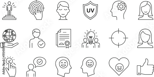 Customer Experience and Quality Assurance Line Icons Set with Target, UV Protection, Feedback and User Satisfaction Symbols