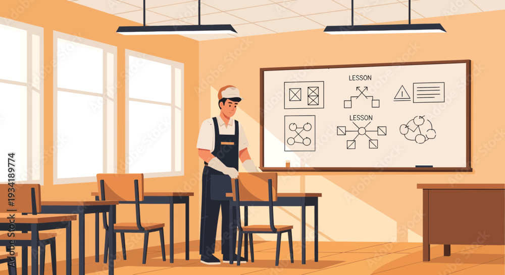 Fototapeta premium A diligent cleaner meticulously tidies a classroom setting.