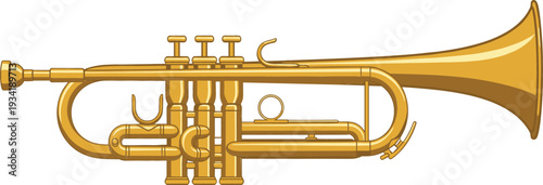 Golden Trumpet Musical Instrument Vector Illustration Isolated on White Background, Detailed Brass Orchestra Jazz Band Equipment Design for Music Themes