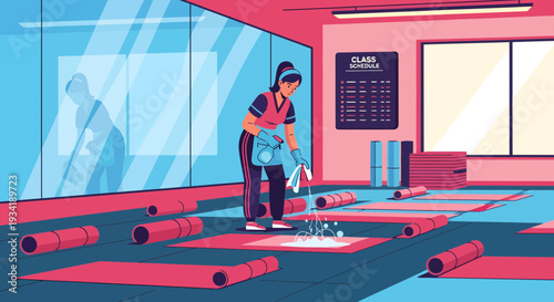 Woman cleaning yoga mats in a studio.