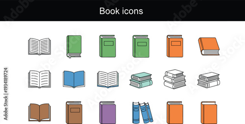 Book Icons Set with Open and Closed Books, Stacked Textbooks and Colorful Reading Symbols Vector