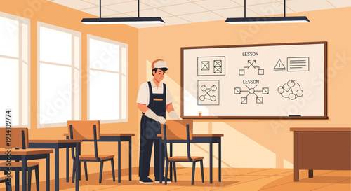 A diligent cleaner meticulously tidies a classroom setting.