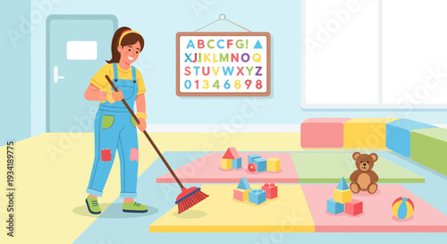 Young Woman Cleaning a Playroom with a Broom.