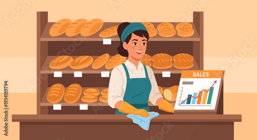 Baker cleaning counter with bread display behind her.