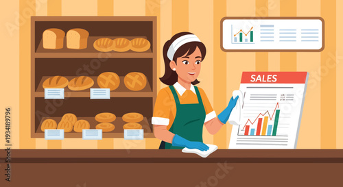 Baker reviewing sales report with concern in bakery.