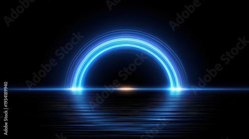 Abstract Glowing Blue Semicircle Over Reflective Dark Surface with Particles and Glare Futuristic Technology Design Element on Black Background