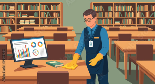 Man cleaning desk in library with computer.