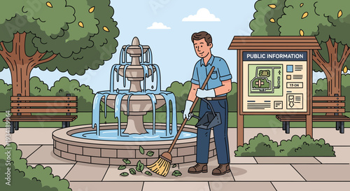 Man cleaning fountain with broom and dustpan.