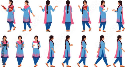 Indian Woman Character Poses Vector Set Wearing Traditional Salwar Kameez in Different Gestures and Walking Positions for Animation and Cultural Designs