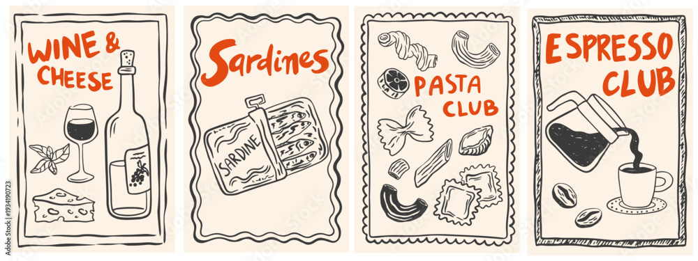 Εκτύπωση καμβά Hand drawn Italian food posters