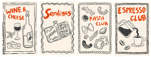 Hand drawn Italian food posters. Chalk Mediterranean prints with spaghetti, sardines, wine, coffee. Amalfi, Sicily breakfast, lunch, dinner. Vector La Dolce Vita style banners for card, placard, print