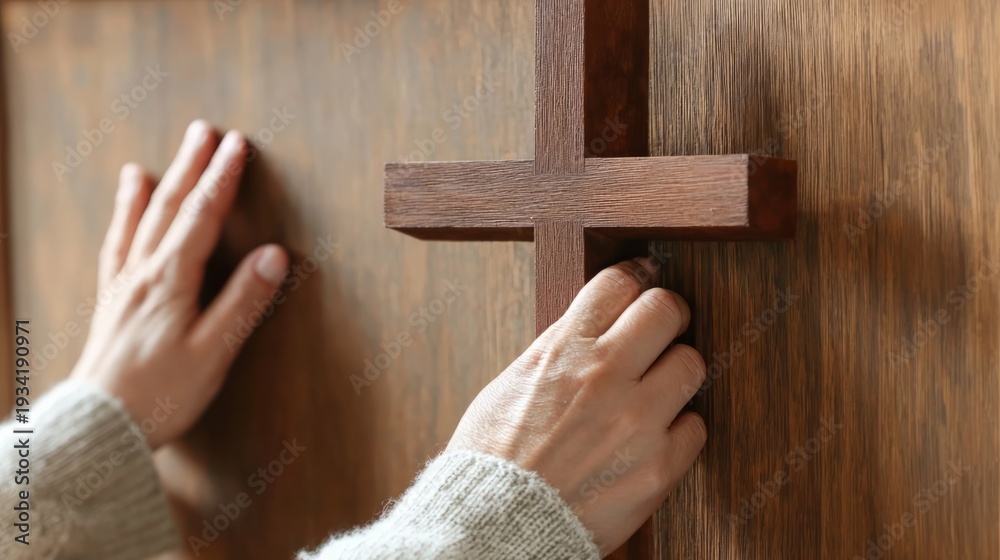 Naklejka premium Womans hands touching a wooden cross on a textured wooden door. Concept of faith, prayer, and religion. Spiritual devotion and worship.