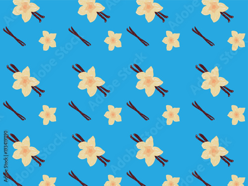 Cute hand drawn vanilla flower and pod pattern background