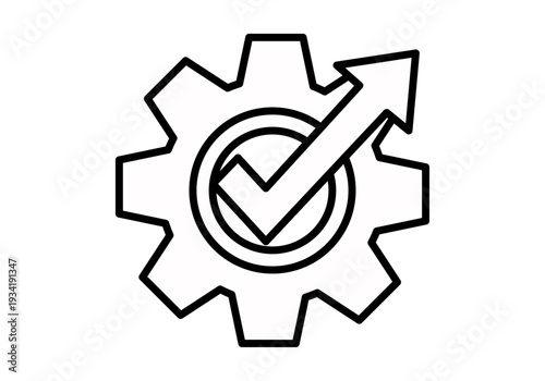 Ícono de engranaje con marca de verificación y flecha ascendente que representa optimización y éxito