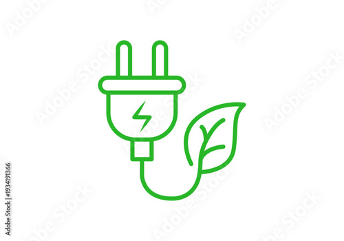 Icono de enchufe eléctrico con hoja verde que simboliza energía limpia y sostenible