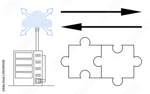 Cloud technology, data sharing, teamwork, system integration, collaboration, connectivity. Server connecting to cloud with arrows and puzzle pieces. Cloud technology and data sharing concepts