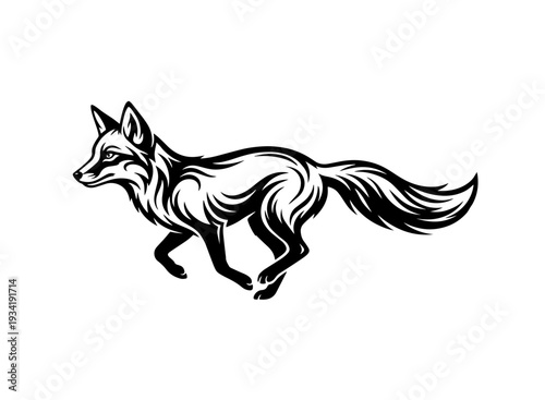 A black and white illustration of a fox running with its tail flowing behind it isolated on transparent background, isolated on white background, Vector