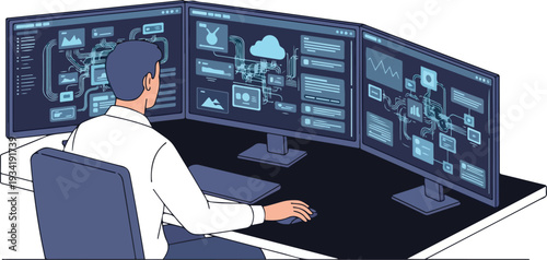 Man sitting at desk with multiple computer screens displaying software coding and data analysis in office