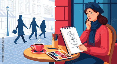 Artist sketching portrait at outdoor cafe table.