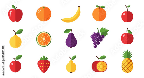 A vibrant assortment of various fruits displayed in a colorful flat design