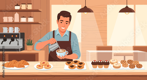 Barista making latte art in a coffee shop.