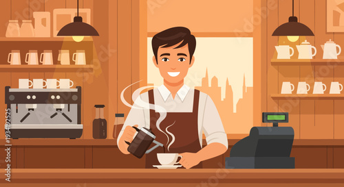 Barista preparing coffee with steam rising from cup.