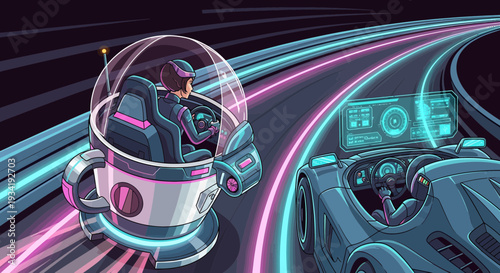 Futuristic vehicles driving on neon illuminated highway.
